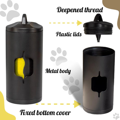 Metal Dog Poop Bag Holder with Leash Clip, Durable Aluminum with 15 Bags + 3 Accessories
