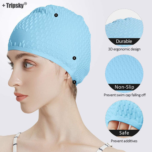 Tripsky Silicone Swim Cap - Comfortable Bathing Cap for Curly Short Medium Long Hair, Swimming Cap for Women and Men,
