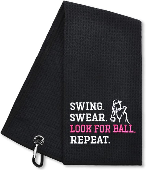 Hafhue Swing Swear Look for Ball Repeat Funny Golf Towel, Gifts for Golf Fans, Men and Women