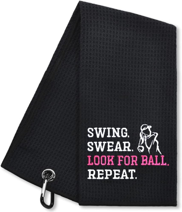 Hafhue Swing Swear Look for Ball Repeat Funny Golf Towel, Gifts for Golf Fans, Men and Women