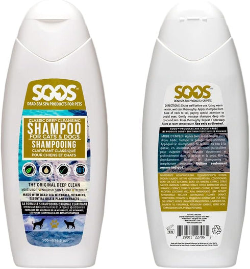 Soos Pet Dog Shampoo Classic Deep Cleansing Pet Shampoo Natural Dead Sea Minerals Fast Absorbing for Dogs and Cats - 1x Shampoo (500ml)