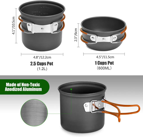Odoland 8pcs Camping Cookware Mess Kit, Pot and Pan Set with Mini Backpacking Stove for Outdoor Cooking
