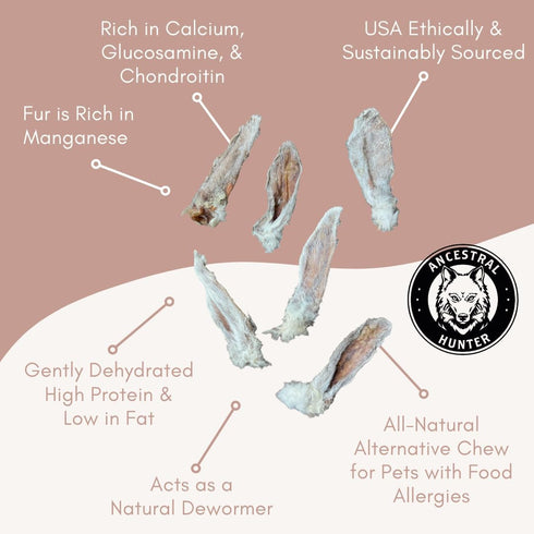 Dehydrated Rabbit Ears for Dogs & Cats - Healthy Whole Rabbit Ears with Fur, Rawhide Alternative, Pack of 6