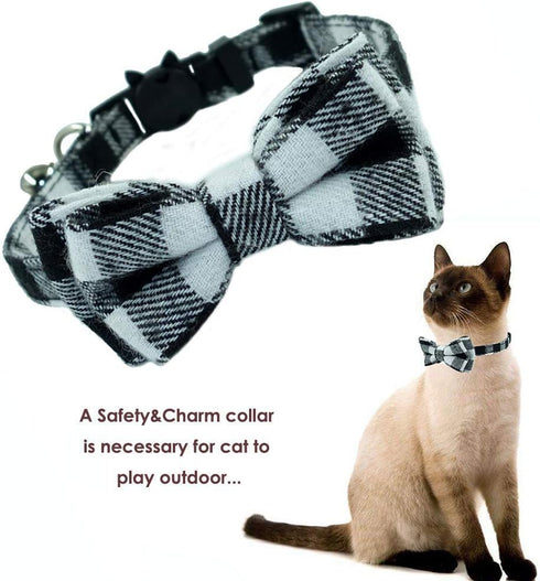 Cat Collars Breakaway with Bell and Bow Tie, Adjustable Safety Plaid Design for Kittens (6.8-10.8in) - Black Plaid