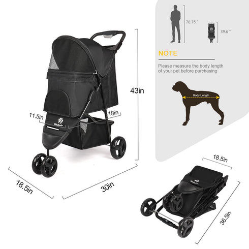 AESRAOU 3 Pet Stroller Foldable Cats/Dogs Stroller with Storage Basket and Cup Holder Wheels Dog Cat Carrier Strolling