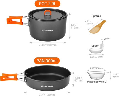 Odoland 9pcs Camping Cookware Set - Non-Stick Lightweight Pots and Pans with Plastic Bowls for Outdoor Cooking