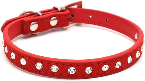 Dogs Kingdom 10"-16.5" Total Length Suede Skin Jeweled Rhinestones Pet Dog Collar Red