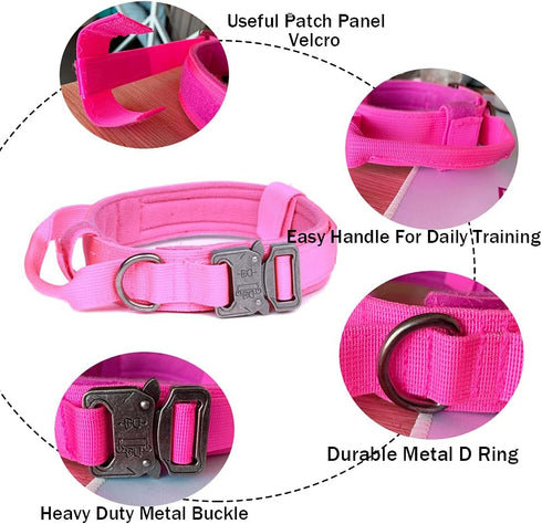 Tactical Dog Collar, Adjustable Military Nylon Collar with Heavy Duty Metal Buckle and Handle for Dog Training (Pink,