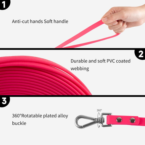 Dog Training Long Leash, Waterproof Heavy Duty Outdoor Recall Lead for Small Medium Large Dogs (20FT, Rose Pink)
