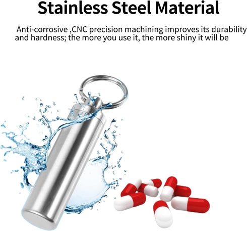 Stainless Steel Survival Pill Storage, Air-Tight Waterproof Capsule Bottle with Seal Ring for Outdoor Use