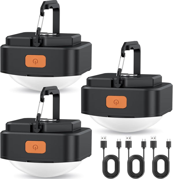 FLY2SKY 3 Pcs Black LED Camping Lights - Portable Rechargeable Tent Light - Survival Gear for Camping Hiking Backpacking