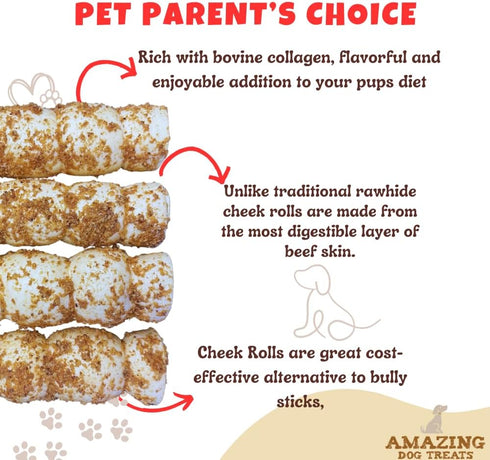 Amazing Dog Treats - Beef Cheek Rolls Mega Thick (Bully Dust Flavor, 5-6" - 8 Count) - Safe Rawhide Alternative