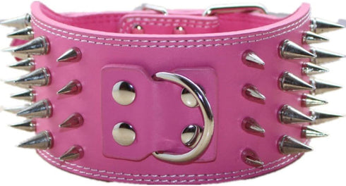 3 inches Wide Leather 4 Rows Spiked Studded Dog Collar + Leash Set for Pit Bull Terrier Mastiff (Hot Pink, XL)