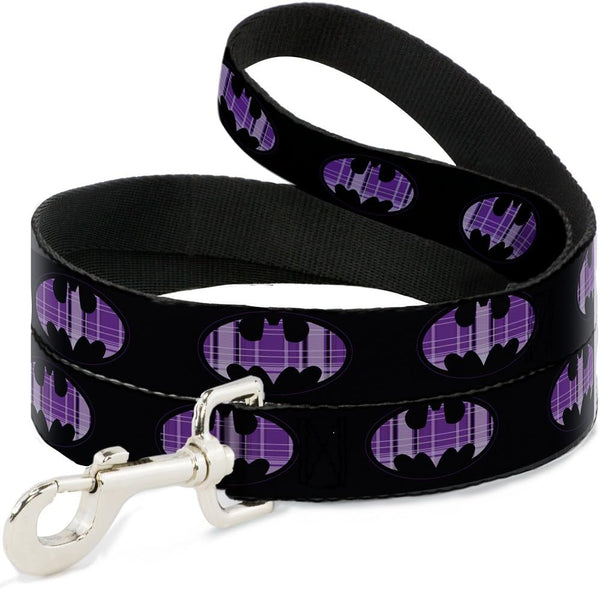 Batman Signal Dog Leash, Black Purple Plaid, 4 Feet Long, 1.0 Inch Wide