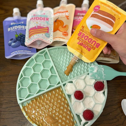 BUDDY BUDDER Superberry Snoot + Pumpkin Pup Blue Dog Enrichment Mat Combo, 100% Natural Dog Peanut Butter, 17oz Jars
