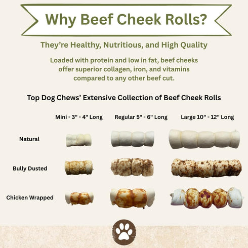 6 5 Pack, Top Dog Chews Roasted Beef Cheek Rolls, Long Lasting Dog Bones for Aggressive Chewers, Rawhide Free Dog