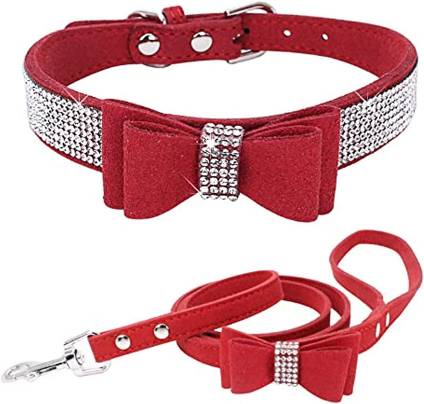 Rhinestone Bowtie Dog Collar for Girls Boys, Cute Dazzling Soft Suede Leather Bling Cat Collars for Small Medium Large