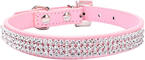 THAIN Basic Adjustable Dog Cat Collar - Bling Rhinestones PU Leather with Shiny Diamonds, XS Pink
