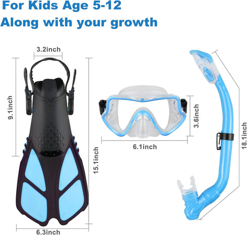 Kids Snorkeling Set with Adjustable Flippers, Panoramic Snorkel Mask, Dry Snorkel Tube, Travel Bags for Ages 5-14