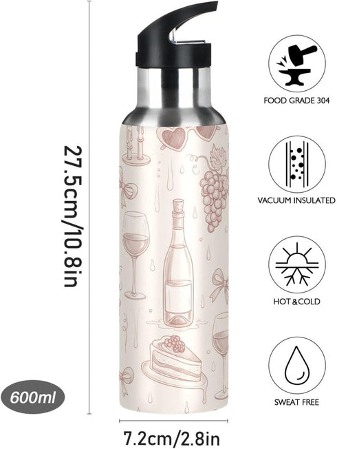 Wassud 22 oz Water Bottle Rose Wine Bottles Stainless Steel Sport Water Bottle with Straw Insulated Water Bottles
