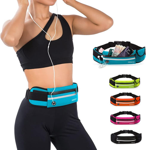 Jueachy Waterproof Running Belts for Women, Adjustable Fanny Pack Waist Pouch with Phone Holder & Headphone Port