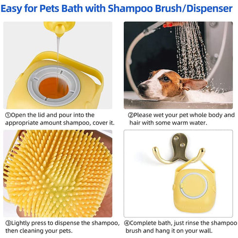 Soft Silicone Pet Bath Brush, Dog Shampoo Cleaning Brush with Soft Shampoo Dispenser for Puppy Dog Cat (Yellow)