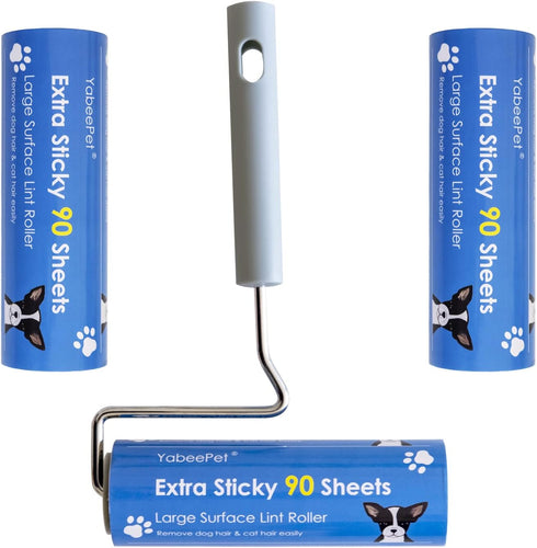 Extreme Sticky Lint Roller for Large Surfaces, Long Handle Pet Hair Remover, 90 Sheets, 6.3 inch Width (1 Roller+2