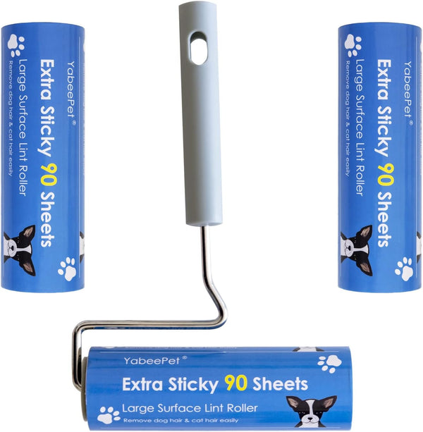Extreme Sticky Lint Roller for Large Surfaces, Long Handle Pet Hair Remover, 90 Sheets, 6.3 inch Width (1 Roller+2