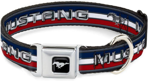 Dog Collar Seatbelt Buckle Mustang Text Tri Bar Stripe 1.5 Inch Wide, 13 to 18 Inches