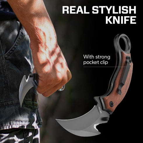 Pocket Karambit Knife with Wood Handle Clip, 440C Steel Sharp Raptor Claw Blade for Camping EDC