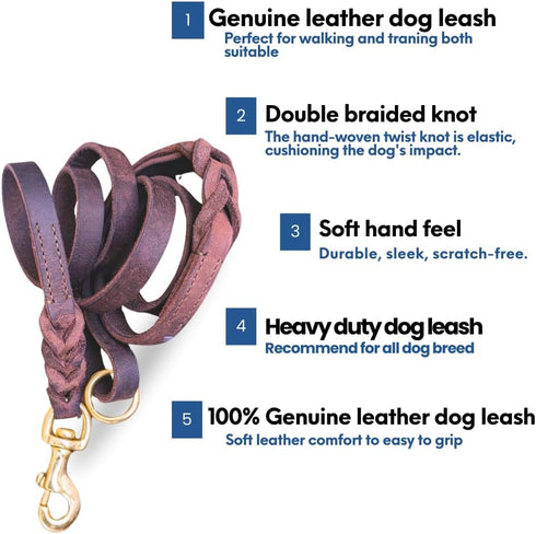 Leather Dog Leash, Heavy Duty Genuine Braided Training Leash, Soft Comfortable for Large Medium Small Dogs, Brown