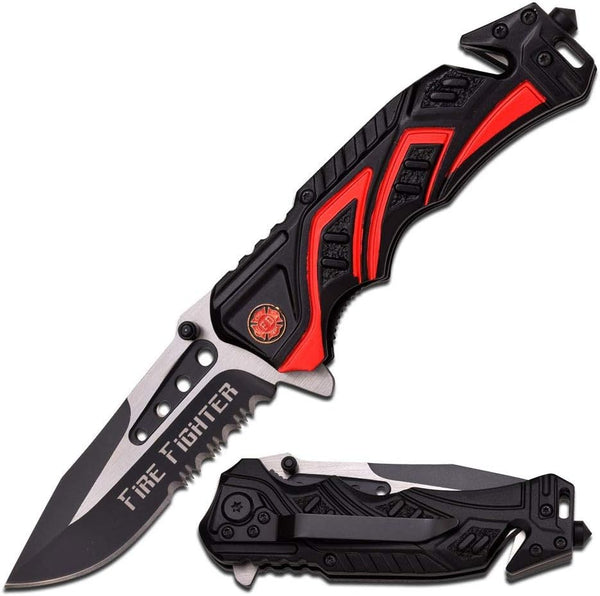 Mtech 8" Fire Fighter Red Spring Assisted Folding Knife Blade Pocket Open Switch- Firefighter Rescue Pocket Knife - Hunting Knives, Military Surplus - Survival and Camping Gear by MTECH USA