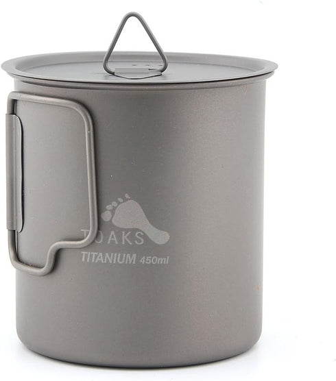 TOAKS Titanium Camping Cup, 450ml with Lid – Compact, Foldable Handle, Rustproof and Durable