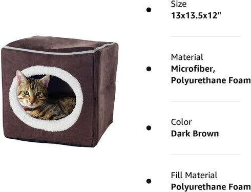 Cat House - Indoor Bed with Removable Foam Cushion, Dark Brown, 13x13.5x12"