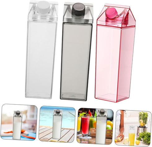 Sewroro 3pcs 500ml Reusable Milk Carton Bottles with Lids, Pink Black Plastic Square Milk Storage Containers, Leakproof
