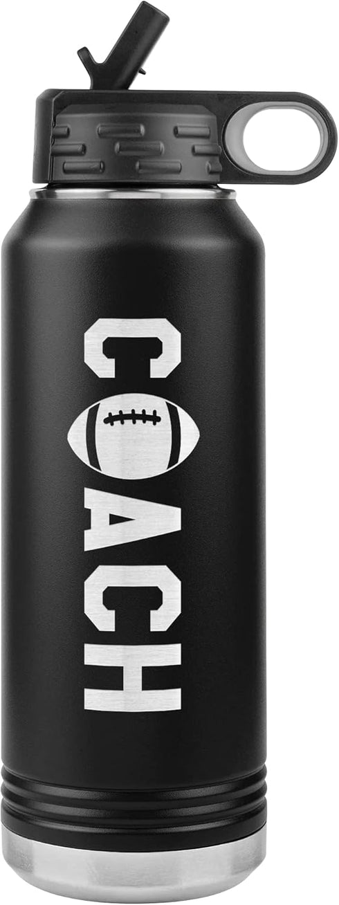 Football Coach Water Bottle - 32oz Insulated Stainless Steel Flip Top with Straw, Black Gift