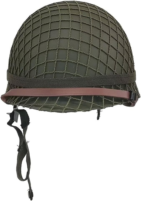 WW2 US Army M1 Helmet - Metal Steel Shell Replica with Net/Canvas Chin Strap/Cat Eye Band