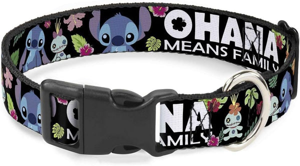 Buckle-Down Plastic Clip Collar - OHANA MEANS FAMILY/Stitch & Scrump Poses/Tropical Flora, Small, 9-15" Neck