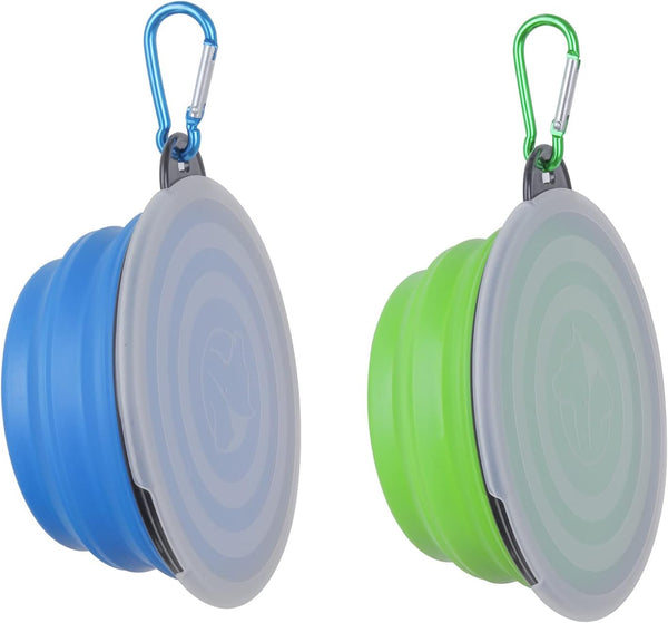 Collapsible Dog Bowl, 2 Pack Portable Foldable Pet Travel Bowls with Lids (Small, Blue+Green)