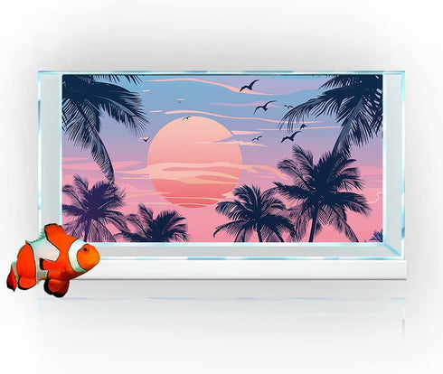 Watercolor Graffiti Hawaiian Beach Palm Tree Aquarium Background, 72X24IN, Anime Themed Crawling Terrarium Background