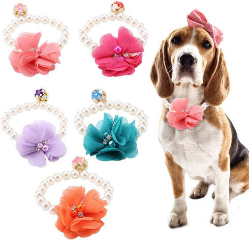 Pet Pearl Flower Collar, Elastic Cat Choker Necklace, Dog Cat Jewelry Accessory for Puppy (Rose Red)