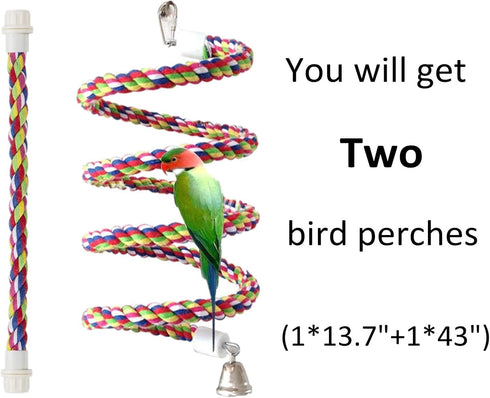 Bird Rope Perch Parakeet Toys, Spiral Bird Toy for Cockatiels, 43" & 13.7" Bird Bungee Rope Perches