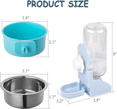 Hamiledyi 3PCS Crate Bunny Food Bowl, Removable Stainless Steel Dual Bowls with Plastic Hanging Water Fountain