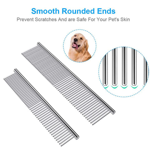 2 Pack Dog Combs with Rounded Ends, Stainless Steel Teeth for Grooming Long and Short Haired Pets