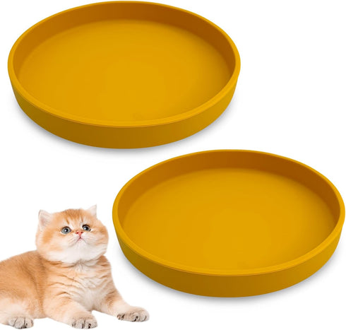 Silicone Cat Food Bowl Set: 2 Shallow 7in Wide Cat Plates for Kittens & Dogs, Non-Slip Round Yellow