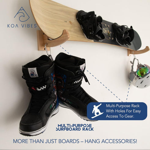 Wood Surfboard Wall Mount and Snowboard Wall Mount, Versatile Heavy Duty Holder, Extra Hole to Hang Accessories