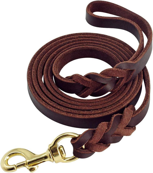 Leather Dog Leash - Latigo Leather Brown Braided Training & Walking Leash - 6.5 ft by 5/8 in (205cm 1.6cm)