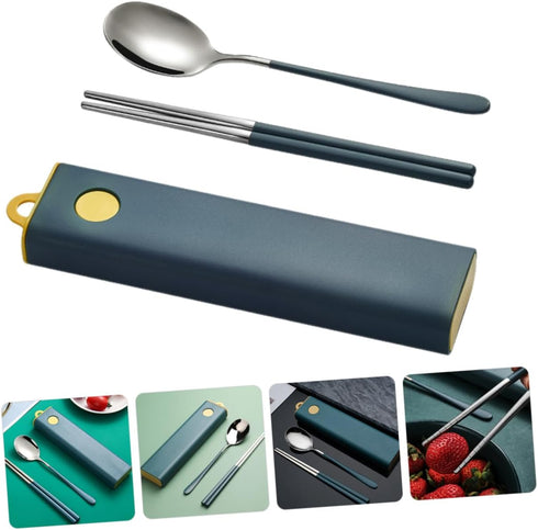 Set Stainless Steel Reusable Tableware with Carrying Box Portable Cutlery Kit Including Spoon and Chopsticks