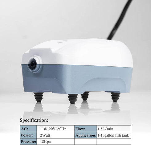 HITOP 2W Single Outlet Aquarium Air Pump - 1.5L/Min Quiet Oxygen Pump for Small Tank up to 15 Gallon