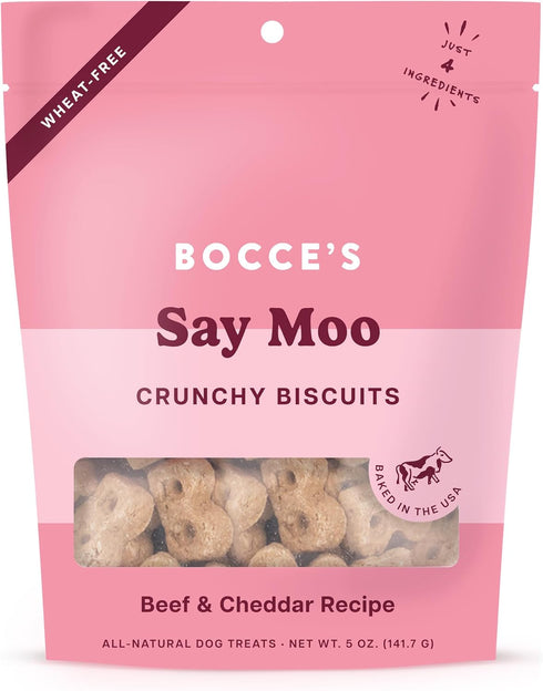 Bocce's Bakery Oven Baked Say Moo Treats for Dogs, 5 oz, Wheat-Free, All-Natural Beef & Cheddar Biscuits